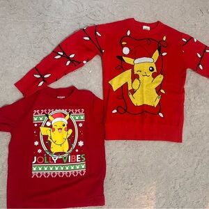 Pokemon Holiday Sweater and Old Navy Red Pikachu Kids T-Shirt Set (Small 6/7)